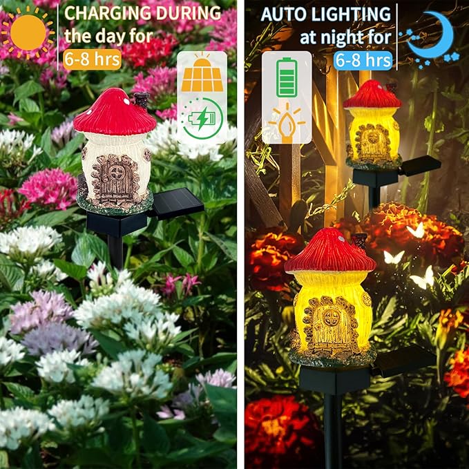 Mushroom Solar Lights Outdoor, Waterproof Fairy Houses Lights Mushroom Garden Decor Decorative Solar Powered Garden Stake Light for Outside Lawn Walkway Patio Yard (Red)