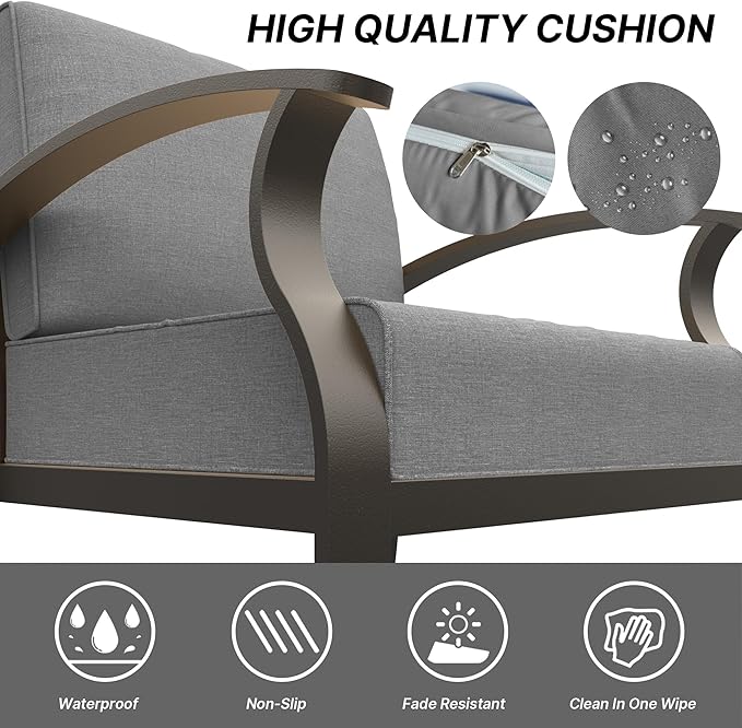 Gotland Aluminum Patio Furniture Set with Rectangular Coffee Table, Metal Patio Furniture with 5 Seats Waterproof 5.1'' Seat Cushions, Outdoor Sectional Patio Conversation Sets for Balcony Grey
