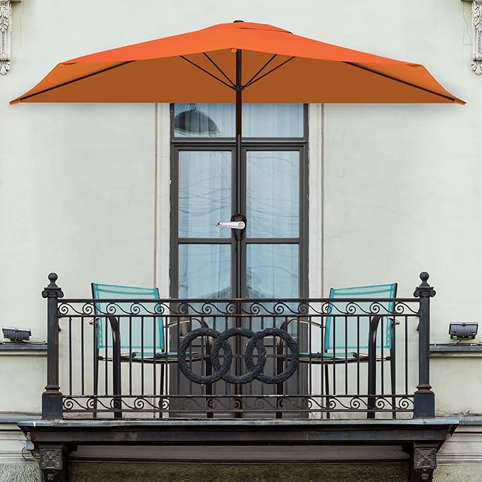 Pure Garden Half Round Patio Umbrella with Easy Crank – Compact 9ft Semicircle Outdoor Shade Canopy for Balcony, Porch, or Deck (Terracotta)