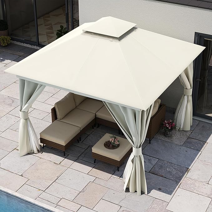 LAUSAINT HOME Patio Gazebo 10'x10', Outdoor Heavy Duty Party Tent Shelter with Double Roofs, Mosquito Nettings and Privacy Screens for Backyard, Garden, Lawn, Cream White