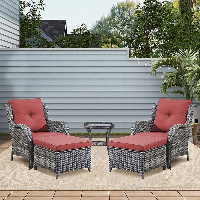 Rilyson Outdoor Patio Furniture Chairs Set - 4 Piece Wicker Rattan Patio Sectional Conversation Sets with 2 Chairs and 2 Ottomans for Porch Deck Balcony Garden(Mixed Grey/Red)
