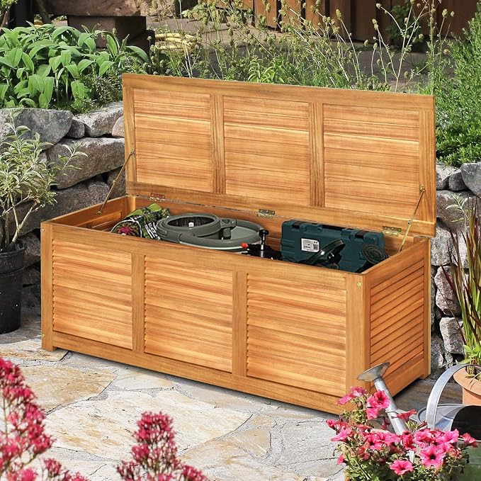DREAMADE 47 Gallon Acacia Wood Deck Box, Patio Storage Bench with Large Capacity, Supports 355 lbs, Outdoor Storage Box for Garden Backyard Patio Porch Seating, Natural