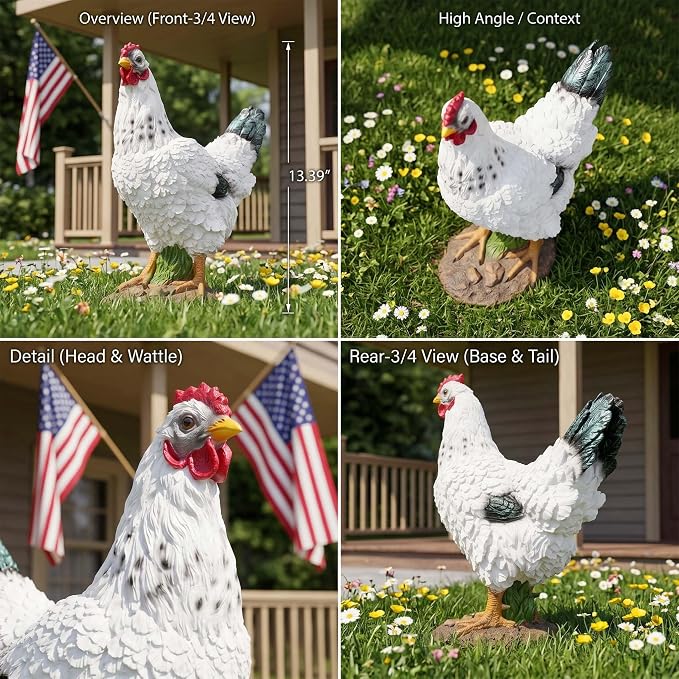13.4" Realistic Chicken Yard Art - Rustic Outdoor Chicken Statues, Funny Farm Sculpture, Garden Chicken Decor, Fence Decoration, Hand-Painted Resin Figurines for Patio & Backyard