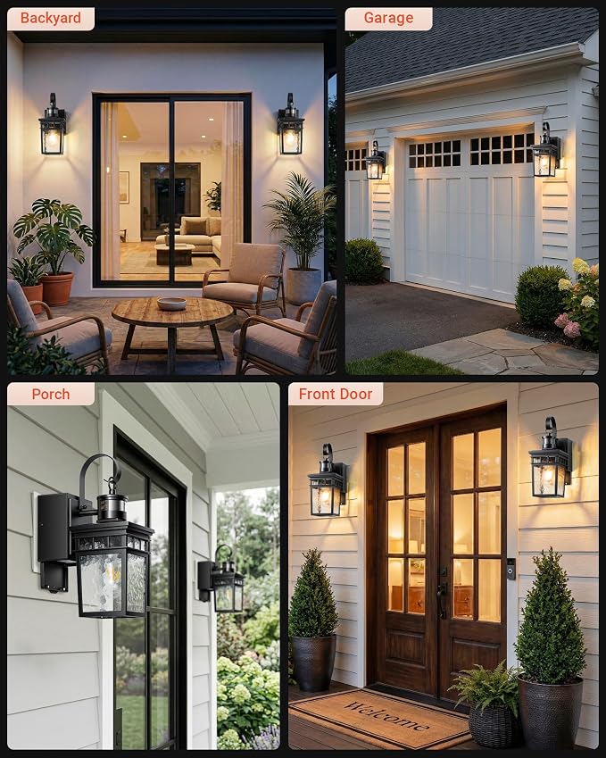 Gleamz Adjustable Time & Distance Outdoor Light with GFCI Outlet, 2 Pack Motion Sensor Outdoor Light Fixture, Black Dusk to Dawn Outdoor Lights for House, Patio, Garage, Waterproof, Aluminum