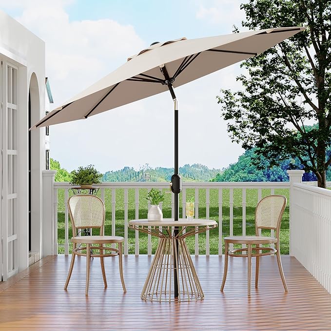 Garvee 9 ft Outdoor Patio Umbrella 8 Sturdy Ribs Outdoor Table Umbrella with Crank Lift & Push Button Tilt - UV Protection Waterproof Market Umbrellas for Pool, Deck, Yard, Garden, Light Beige