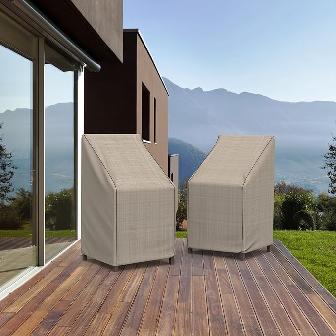 Budge English Garden Patio Stack Chairs & Barstool Cover, Waterproof & UV-Resistant Outdoor Furniture Cover, Fits Stacked Chairs up to 28" W x 27" D x 49" H, Tan Tweed