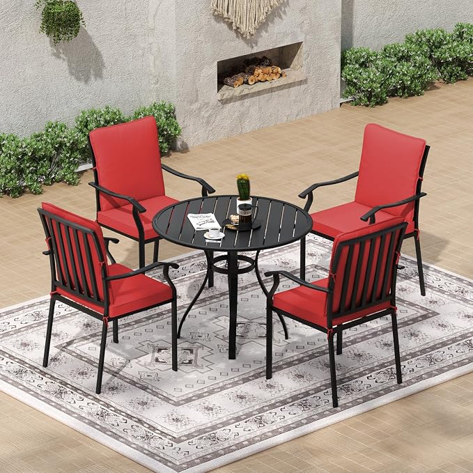 5 Piece Outdoor Patio Dining Set, 36’’ Round Dining Table with Umbrella Hole & 4pcs Metal Dining Chairs, Outdoor Furniture Dining Set for Patio, Balcony, Lawn, Garden, Backyard