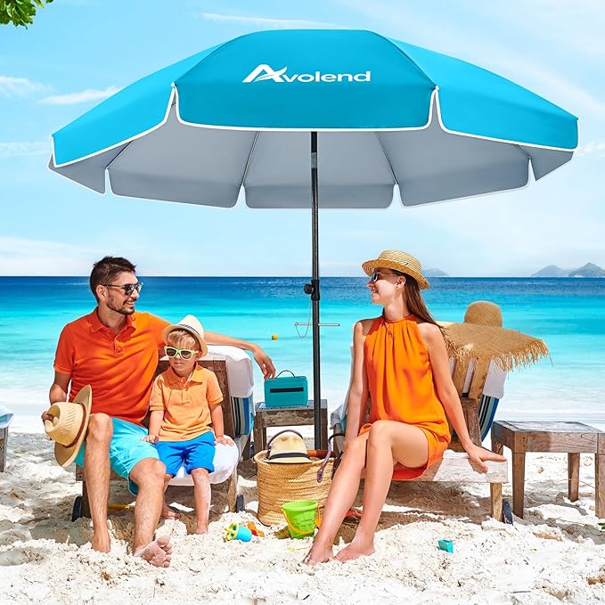 8.5FT Beach Umbrella, Portable Outdoor Umbrellas for Sand with Anchor Heavy Duty High Windproof, Height Adjustable Tilt Iron Pole, Patio Umbrella UV 50+ Protection Air Vent, Patio Garden Pool