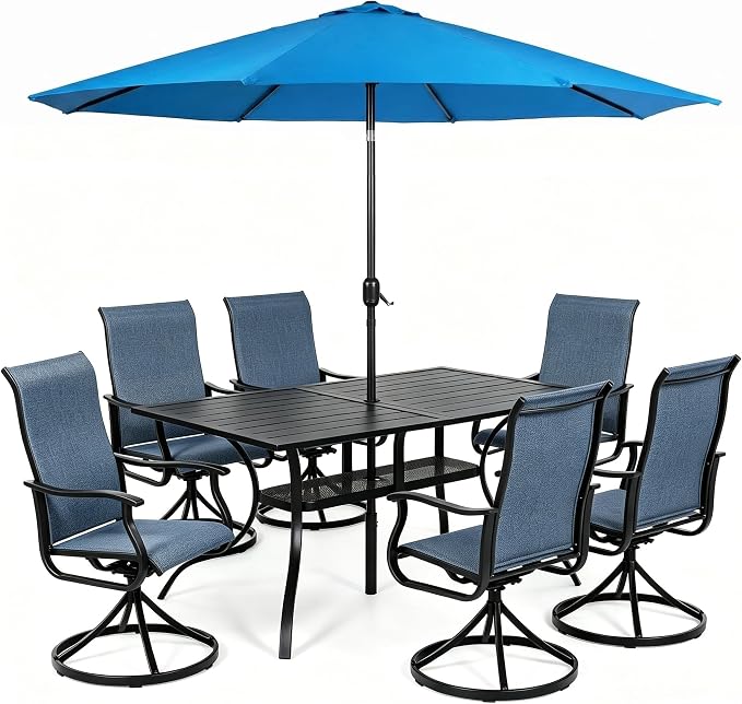 Crownland 7 Piece Furniture Patio Dining Set with Sky Blue Umbrella, 6 Swivel Metal Chairs and Rectangular Outdoor Dining Table, Outdoor Furniture Dining Set for Lawn, Backyard, Garden(Blue)