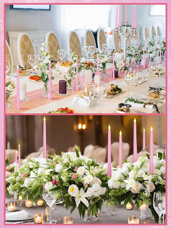 Treela 72 Pcs Flameless LED Taper Candles Battery Operated Candles Bulk 11 Inch Flickering Fake Candlesticks with Warm Light for Valentines Day Church Wedding Party Battery Not Included(Classic,Pink)