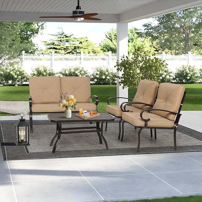 Oakcloud 4Pcs Metal Outdoor Furniture Patio Conversation Set (Loveseat and Coffee Table, 2 Dining Chair) -Wrought Iron Patio Chair Set with Cushions (Brown)