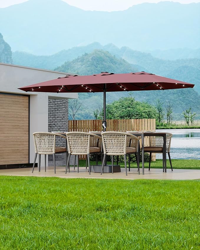 15FT Solar Patio Umbrella with 36 LED Lights, Weighted Base Included, Tilt and Crank Market Umbrella for Backyard, Garden, Deck, Pool, Beach