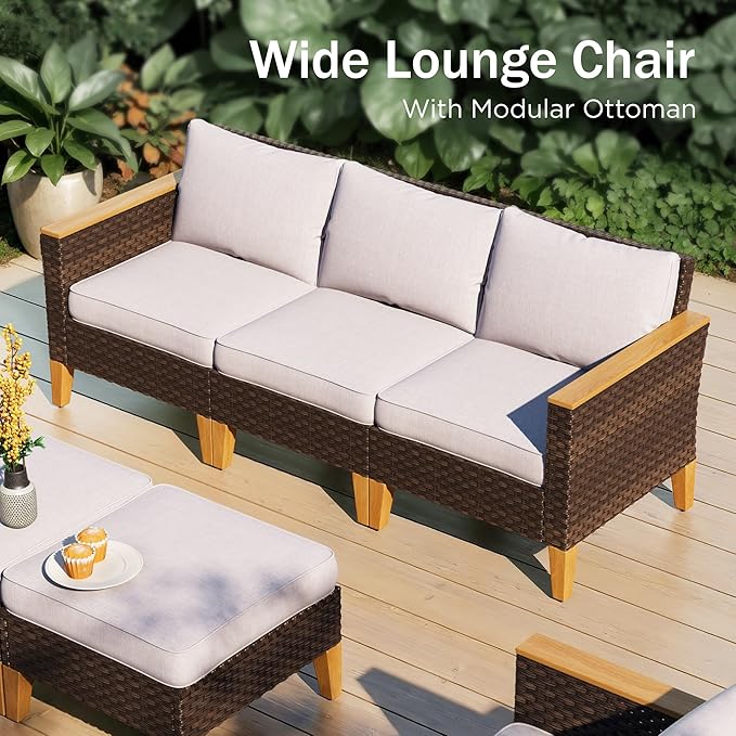 PHI VILLA 9-Piece Outdoor Wicker Furniture Set with 4-inch Thick Cushions, High Back Wicker Sofa for Deck, Yard, and Poolside in Elegant Beige (3 Seat Style)
