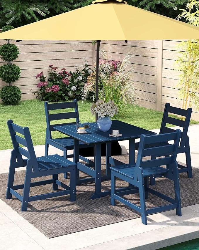 GREENVINES 5-Piece-Outdoor-Dining-Set | HDPE | Square | Patio Furniture | All Weather | Armless Chair | Slatted Table and Chairs Sets for 4 | for Backyard Poolside Garden | Blue