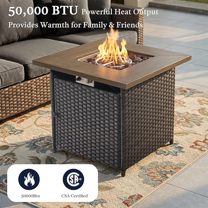 Wicker Patio Furniture Set- 4 Pieces Outdoor Swivel Rocker Chairs with 50,000 BTU Fire Pit Table,PE Rattan Outdoor Conversation Set for Garden Porch Deck