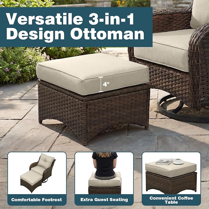 Patio Furniture Set, 5PCS Outdoor Wicker Conversation Set with 6" Thick Cushions, High Back Swivel Rocker Chairs, Weather Resistant Olefin Fabric for Garden, Poolside, Beige