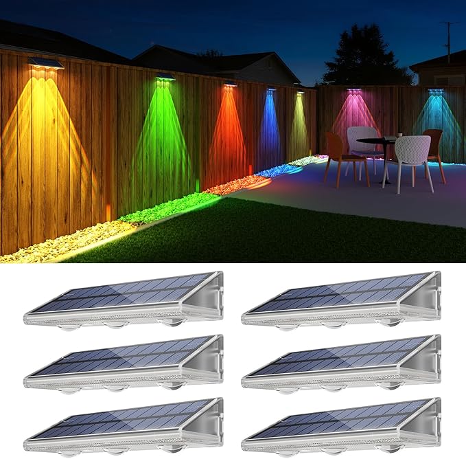 YiLaie Solar Fence Lights Outdoor - Warm White & RGB 6 Color, Solar Lights Outdoor IP67 Waterproof, Garden Lights for Outside/Backyard/Railing/Step/Patio/Wall (6 Pack)