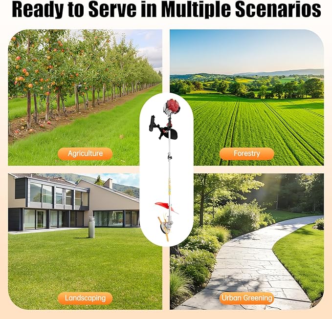 Bepritm 35.88CC Gas Weed Wacker, 4-Stroke String Trimmer/Edger with Dual Blade Head System & Shoulder Strap & Cordless Design, Powerful Brush Cutter for Garden/Yard/Urban Greening (35.88CC)