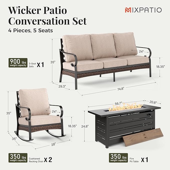 Patio Furniture Set with Firepit Table, Black Frame Outdoor Conversation Set with 2 x Rocking Chairs, 1 x 3-Seat Sofa for Lawn Garden Backyard, Beige