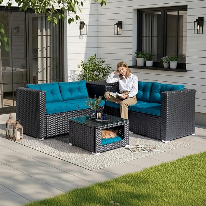 VINGLI 4 Pieces Outdoor Sectional Wicker Patio Furniture Set, Patio Sectional Sofa with Hidden Storage Outdoor Conversation Set, Glass Top Coffee Table for Backyard, Pool, Garden(Black)