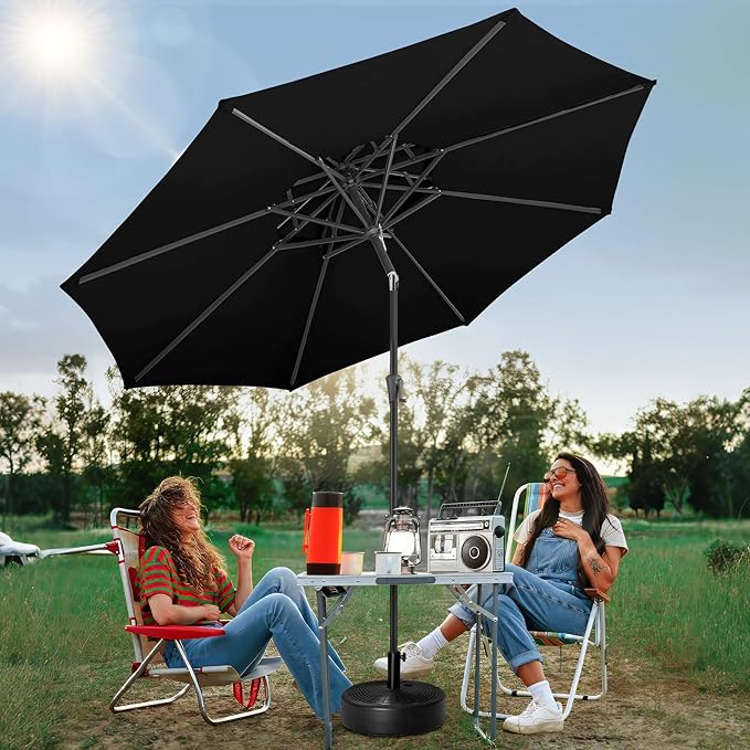 FLAME&SHADE 2 Tiers 9ft Solar Light Patio Umbrella, 40 LED Lights Outdoor Umbrella with Centre Surround Light, Table Market Umbrella for Deck, Pool, Porch, Backyard, Garden (Black)