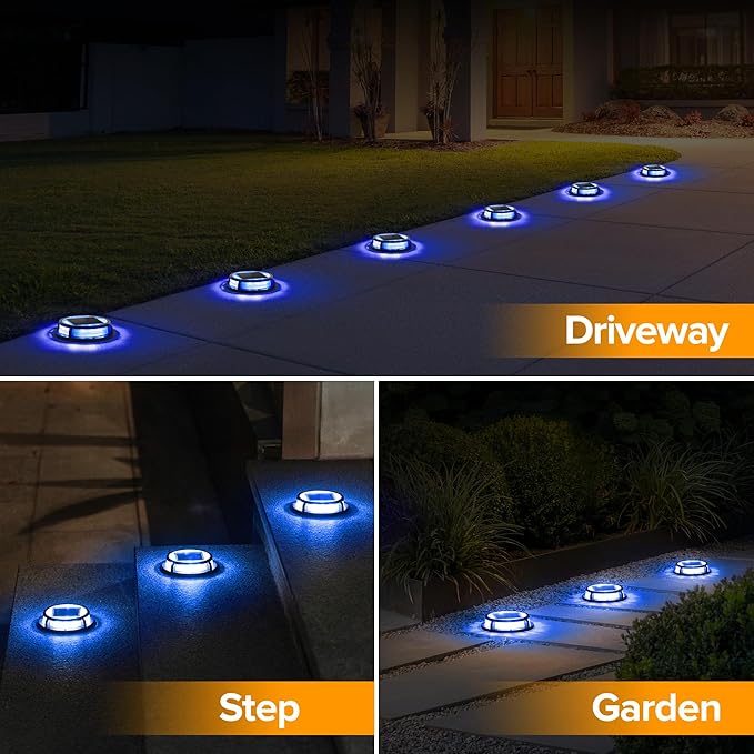 LUTEC 4 Pack Solar Deck Lights Driveway Dock 12 LEDs Light Solar Powered Outdoor Waterproof Road Markers for Step Sidewalk Stair Garden Ground Pathway Yard (Blue)
