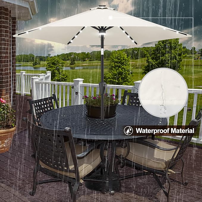FLAME&SHADE 7.5 FT Solar Light Patio Umbrella, 24 LED Lights Outdoor Umbrella with Centre Surround Light, Table Umbrella Outdoor Patio for Deck, Pool, Backyard, Garden, UV Protection (Ivory)