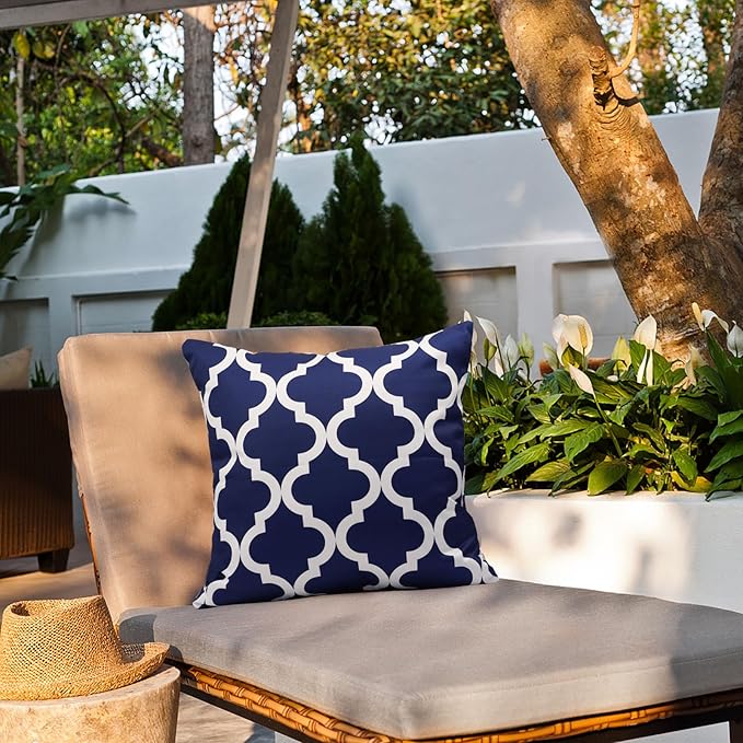 Pack of 2 Outdoor Waterproof Throw Pillow Covers 16x16 Navy Blue and White Throw Pillow Covers Outdoor Pillows Covers for Patio Furniture Garden Balcony Sunbrella Outside(No Pillow Insert)