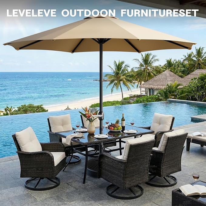 LEVELEVE 9FT Outdoor Patio Umbrella with Easy Crank - UV Resistant & Waterproof Market Umbrella with Ventilated Canopy, 8 Sturdy Ribs & Powder-Coated Frame for Garden, Deck, Backyard, Pool, Patio Table