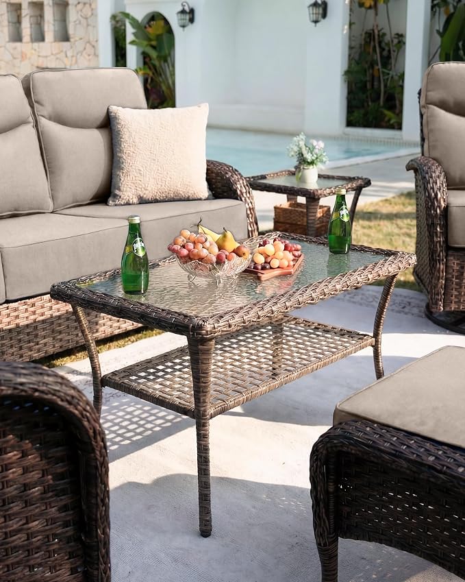 Belord Upgraded 6“ Cushion Luxury 10 Piece Patio Furniture Set - All Weather Wicker Outdoor Furniture with Swivel Rocker Patio Chairs, High Back Conversation Set for Deck Porch Yard - Brown/Beige