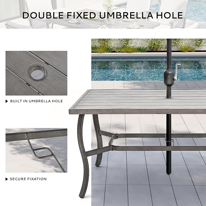 6-Person Outdoor Dining Table, Aluminum Rectangle 60"×36.2" Outdoor Dining Table with 2.2" Umbrella Hole, Rustproof Aluminum Patio Dining Table for 6, Grey