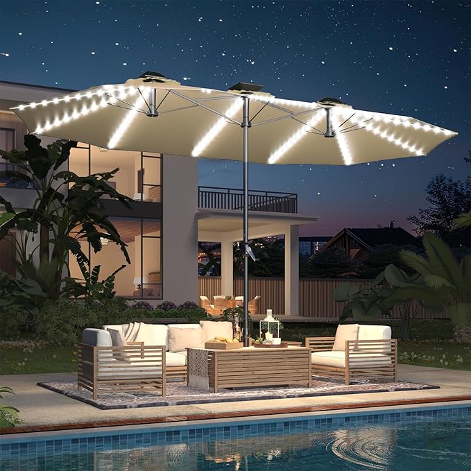 AECOJOY 15ft Patio Umbrella with Solar Lights, Large Patio Umbrella with Crank Handle and 156 PCS LED Lights, Double Umbrella Outdoor Patio Rectangular Market Umbrella for Backyard Deck Pool in Tan(1.9" Pole)