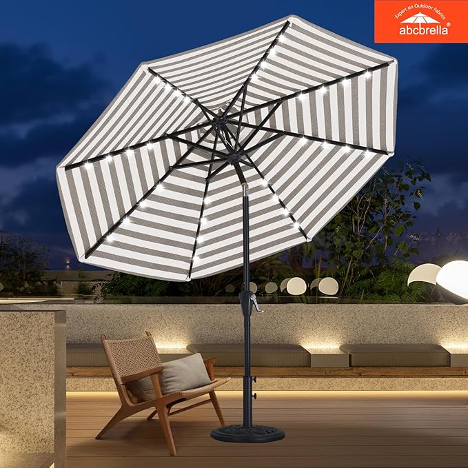 ABCCANOPY OLEFIN® 5-Year No Fading Patio Umbrella with Solar Lights (Gray Stripe)