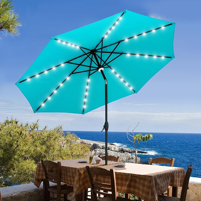 GDY 10Ft Patio Umbrella, Table Umbrella with 40 LED Lights, Outdoor Umbrellas for Patio, with Tilt and Crank, Center Light, for Garden, Deck, Backyard, Pool, and Beach.