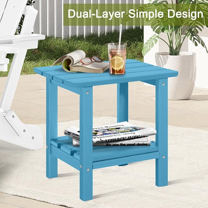 Adirondack Outdoor Side Table, 2-Tier Small Patio End Table, Weather Resistant HDPE Outdoor End Tables for Garden, Lawn, Pool, Beach, Porch, Deck, Backyard - Square, Turquoise