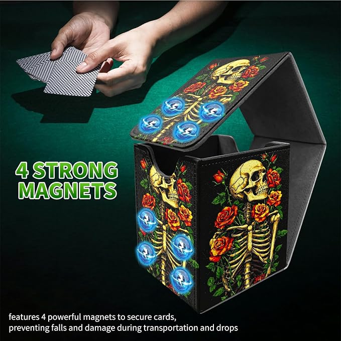 Deck Box for MTG, Cards Storage Box Fits 120+ Sleeved, Leather Medium Size Strong Magnetic Closing Card Case for Board Games Magic TCG CCG Baseball Collection, Skull Red Rose