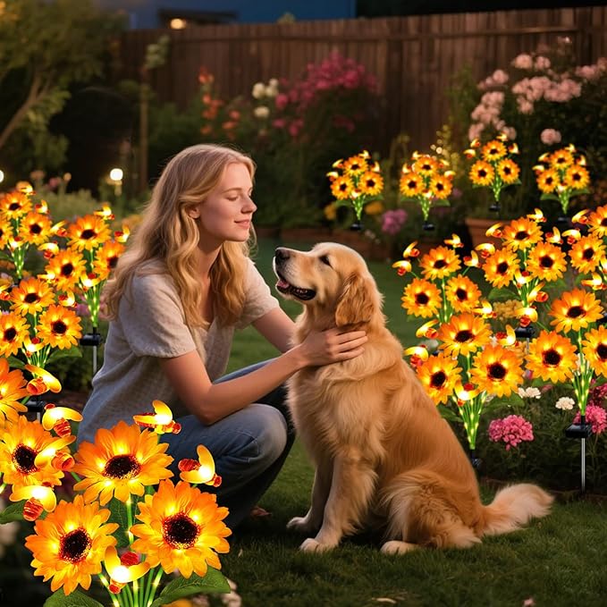 ANGMLN Solar Garden Lights 4 Pack Solar Swaying Bee Lights with Sunflowers, Gifts for Mom Women Mothers Day, Waterproof Firefly Flower Light for Outdoor Decor,Decoration for Patio Yard Landscape