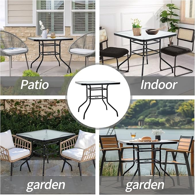 Premium Square Patio Table with 2 In Umbrella Hole,32 In Tempered Glass Top,Outdoor Coffee Table for Patio,Balcony, Backyard,Poolside,and Sunroom - Small Patio Table with Umbrella Hole (Square)