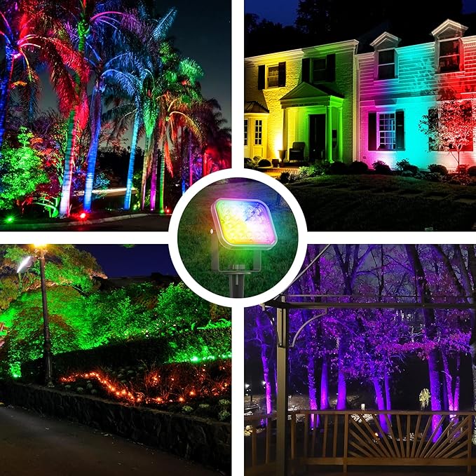 T-SUN RGB Solar Spotlights Outdoor, Christmas Decorations Color Changing Solar Lights, Adjustable Waterproof Landscape Lighting for Garden, Pond, Yard, Trees, Driveway, Pool Area
