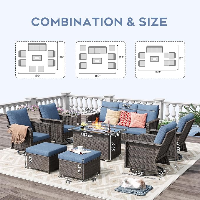 Brafab 9 Seats Outdoor Patio Furniture Set with Fire Pit Table, High Back Swivel Chairs Conversation Sets with Ergonomic Backrest, Wicker Sectional Sofa with Gilder Chair for Yard Garden Porch, Blue
