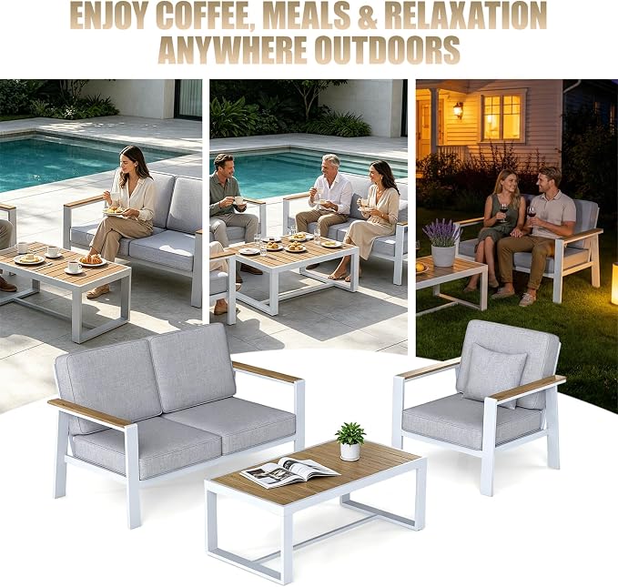 Premium Aluminum Patio Furniture Set 4 Piece,Outdoor Conversation Set with Wide Armrest,5" Thick Cushions, Olefin Fabric,Rustproof Metal Frame,Deep Seating Patio Sofa Set for Backyard,Deck,villa,White