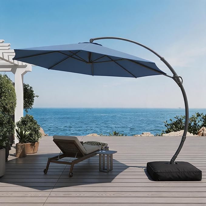 LAUSAINT HOME 12ft Patio Cantilever Umbrella with Base Included, Outdoor Curvy Round Offset Umbrella, Heavy Duty Aluminum, 360° Rotation for Pool, Deck, Lawn, Backyard (Navy blue)