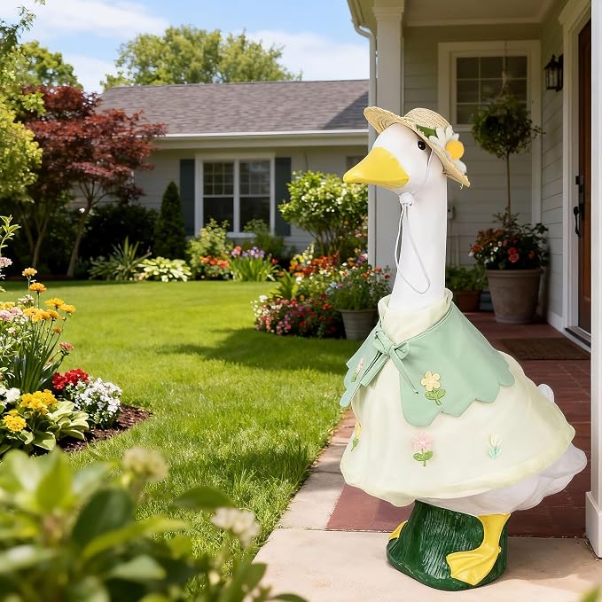 holoith 3 Pcs Summer Porch Goose Outfits for 23 inch Cement Goose Set | Outdoor Garden Statue with Gooses Outfit, Summer Garden Entrance Decoration, Includes Straw Hat, Collar, and Skirt