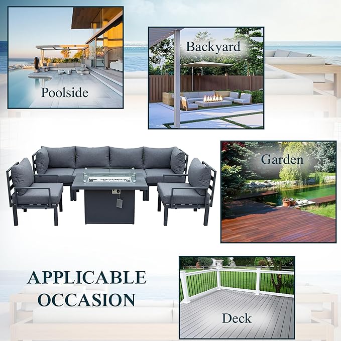 LeisureMod 7-Piece Outdoor Patio Conversation Set with Aluminum Sectional & Cushions, Propane Fire Pit Table with Black Stones, Wind Glass & Lid, Black