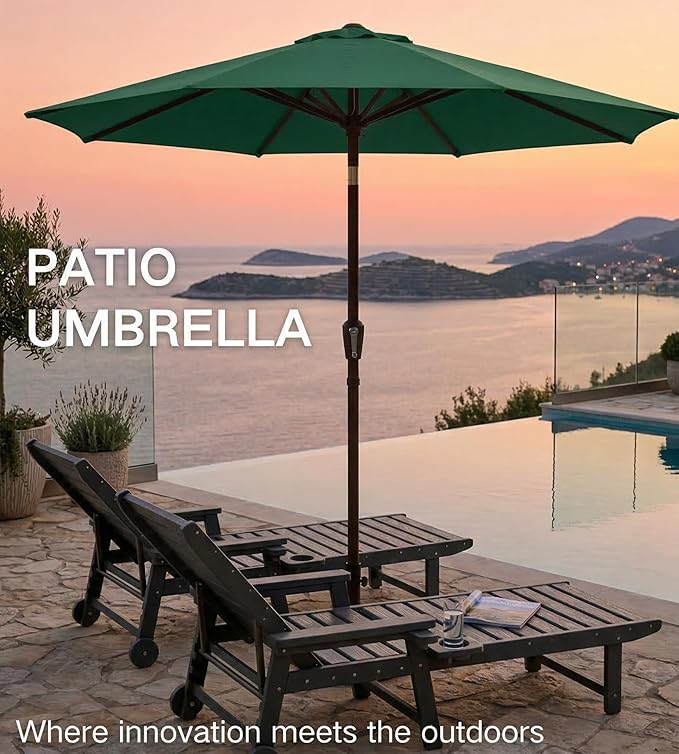 PatioKingdom 9FT Patio Outdoor Umbrella-UPF 50+ Sun Shade with Wind Vent, Push-Button Tilt & Smooth Crank Lift, Rust-Resistant Fiberglass Frame for Garden, Backyard,Yard (Dark Green)