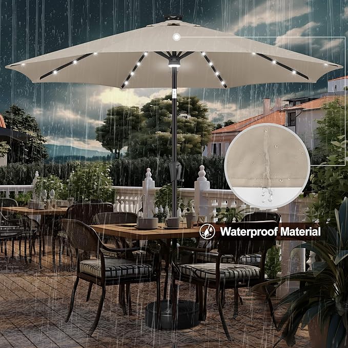 FLAME&SHADE 11 FT Solar Light Patio Umbrella, 40 LED lights outdoor umbrella with Centre Surround Light, Table Market Umbrella for Deck, Pool, Porch, Backyard, Garden, UV Protection, Taupe