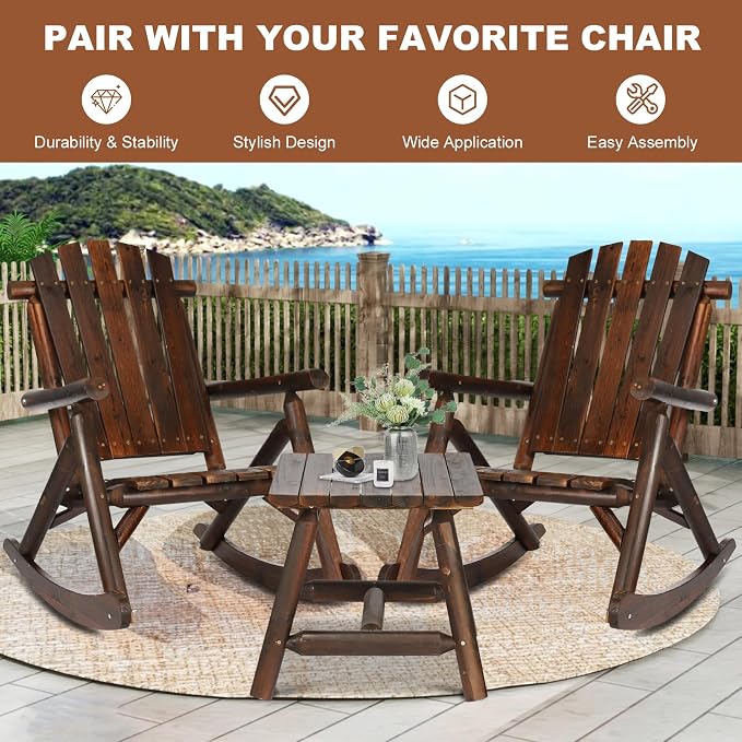 HOMEDIARY Wooden Adirondack Log Side Table, Cedar Wood Outdoor Square End Table w/Slatted Tabletop, Oversize 19.5” Indoor Outdoor Patio Side Coffee Table for Garden Patio Backyard Porch, Carbonized