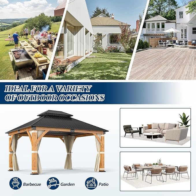 COVERONICS 13FT x 15FT Outdoor Spruce Wood Gazebo - Patio Wooden Frame Gazebo with Galvanized Steel Double Roof, Heavy-Duty Hardtop Gazebos with Netting & Curtains for Garden, Poolside, Deck, Backyard