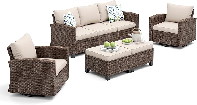 Swivel Glider Patio Furniture Set, 5 Pcs Wicker Rattan Outdoor Conversation Set, 2 x Swivel Chairs, 1 x 3 Seater Sofa and 2 x Ottoman with 4" Thick Cushion, Beige