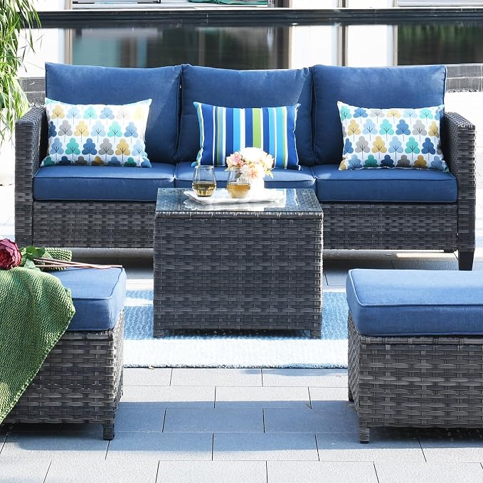 ovios Outdoor Side Table with Tempered Glass Top, Patio Wicker Rattan Coffee End Tables for All-Weather Porch Deck Balcony Garden Poolside (Grey-Medium Size)
